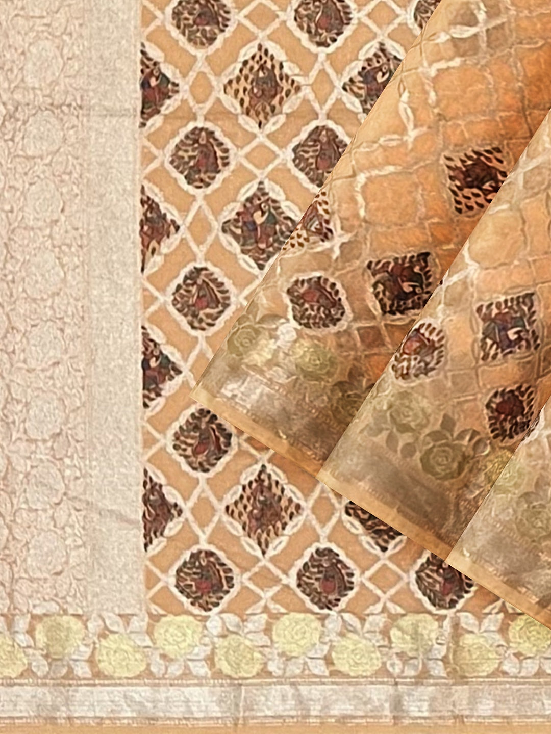 Handpainted Madhubani Peach colour Saree on Banarasi Chanderi